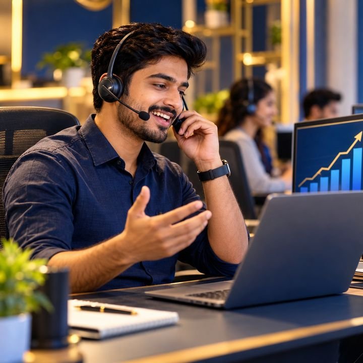 Sales executive on an outbound call with a growth chart